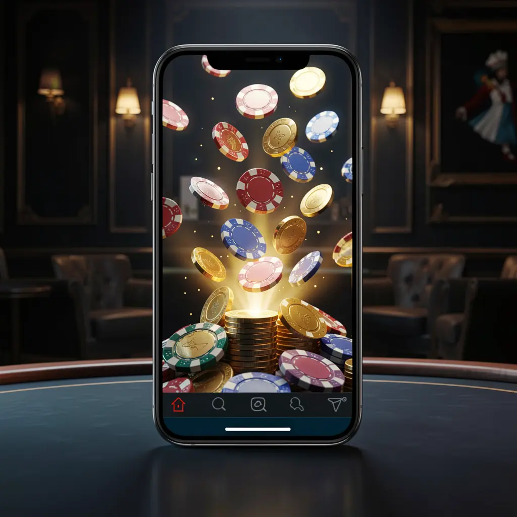 KL 777 online gaming app displayed on a smartphone screen with glowing casino chips and coins emerging against a luxury dark background with cinematic lighting
