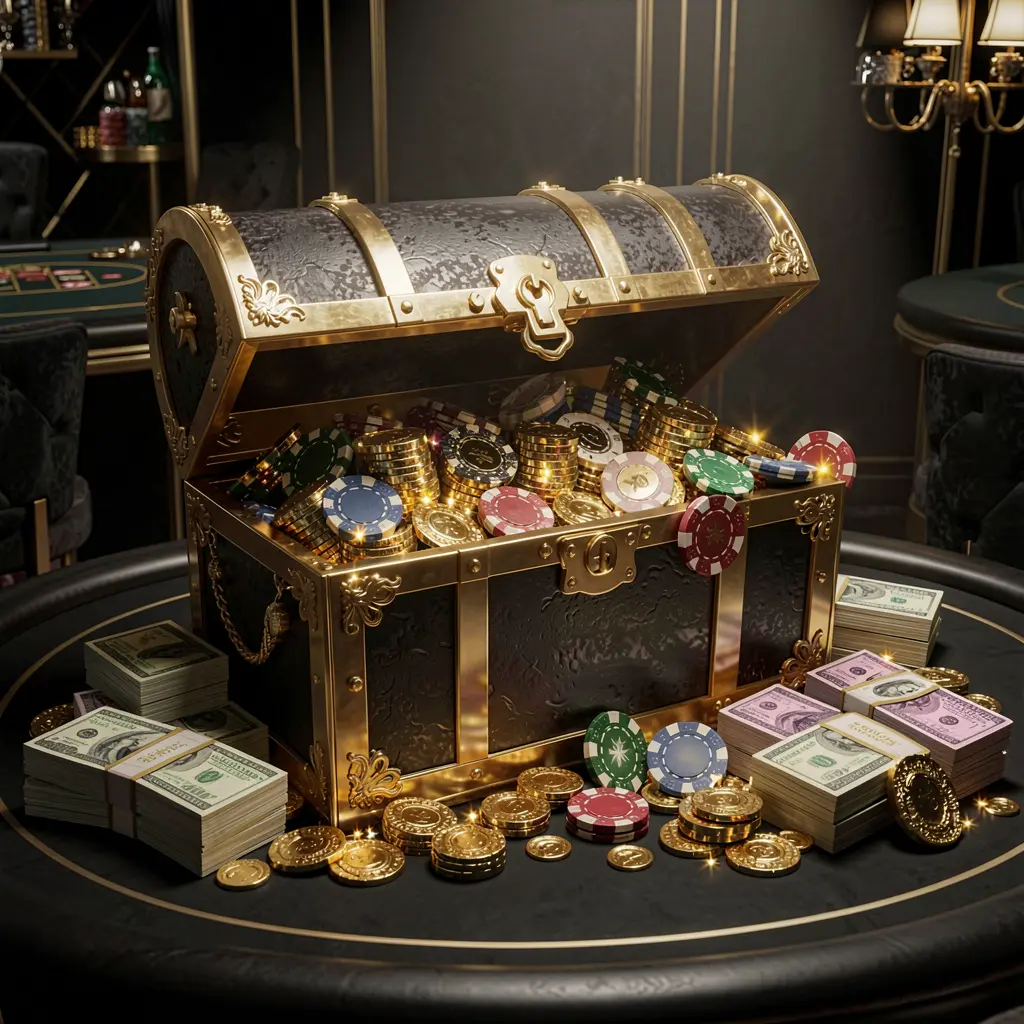 KL 777 casino rewards scene featuring a golden treasure chest overflowing with chips, cash bundles, and sparkling coins in an elegant black and gold style with dramatic lighting