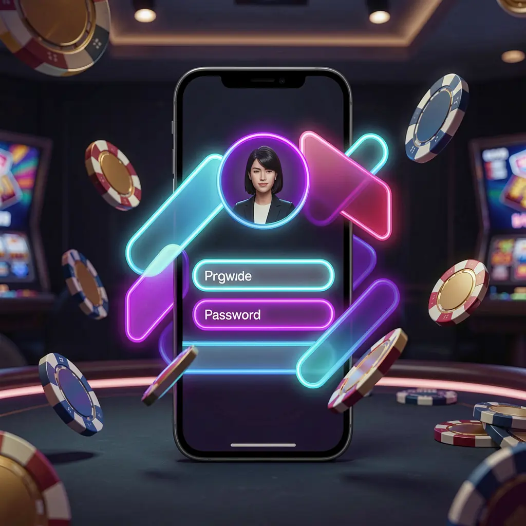 KL 777 mobile casino login screen on a phone with user profile and password fields shown as abstract neon UI shapes, chips and coins flying around in a dark premium casino atmosphere