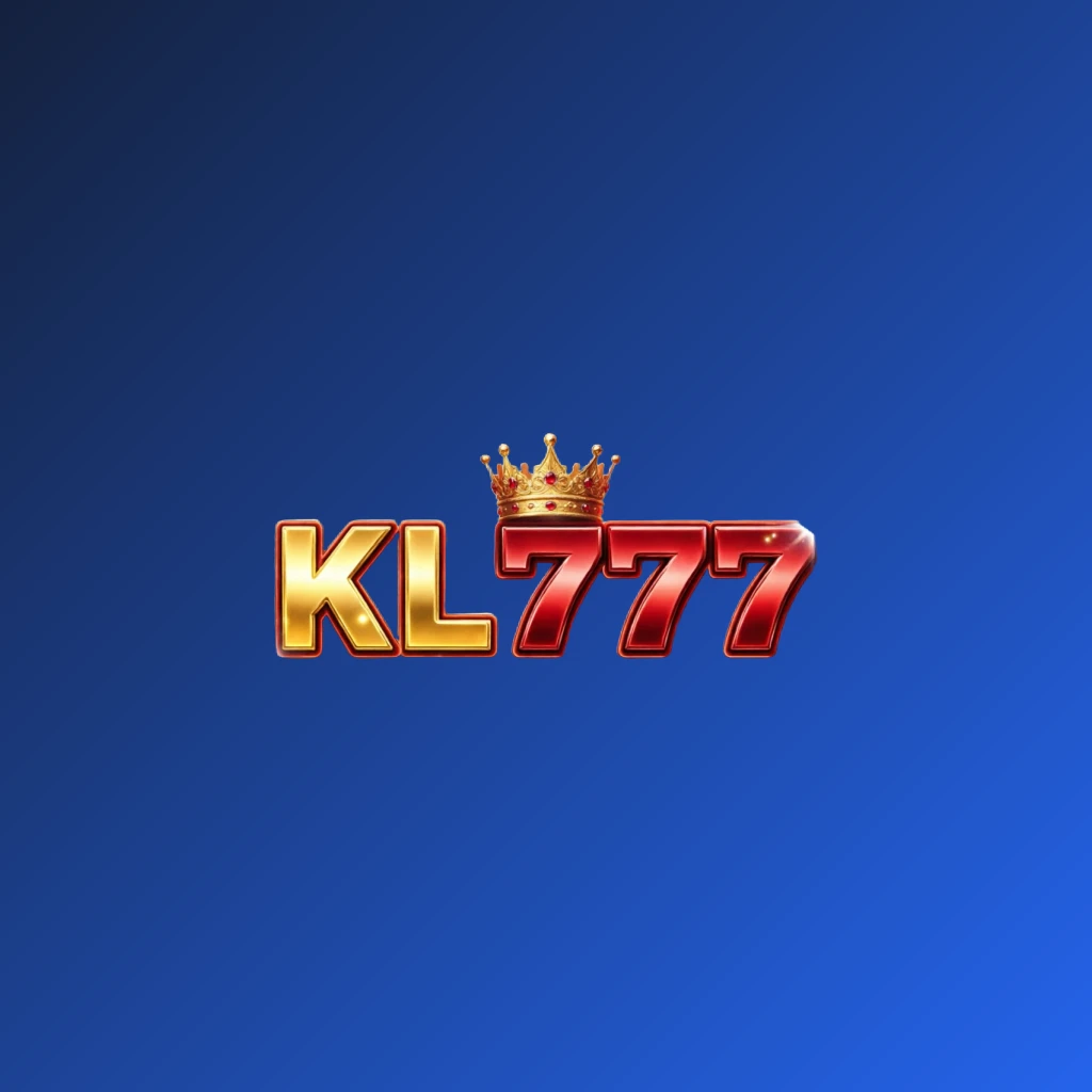 Dynamic casino-style logo for KL 777 featuring massive bold lettering in bright gold and crimson colors, a glowing crown, and sparkling light effects on a transparent background, designed as a horizontal rectangular wordmark for website header