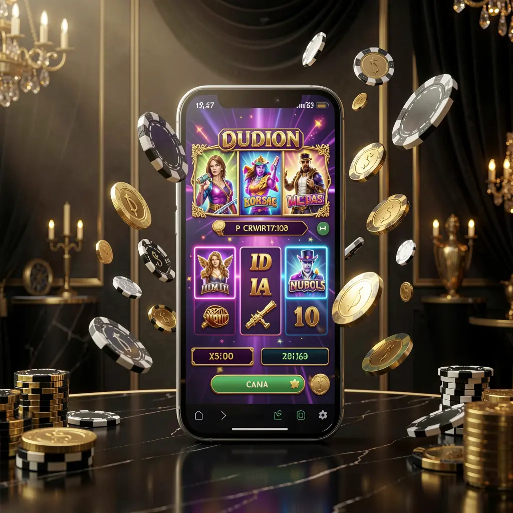 KL 777 modern online casino main page on a smartphone with glowing gaming interface, flying coins and chips in a black and gold luxury atmosphere, realistic 3D illustration